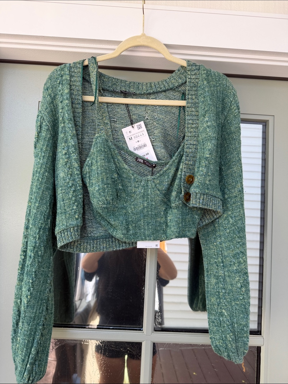 Zara Teal Green Knit Cardigan with Matching Cropped Tank